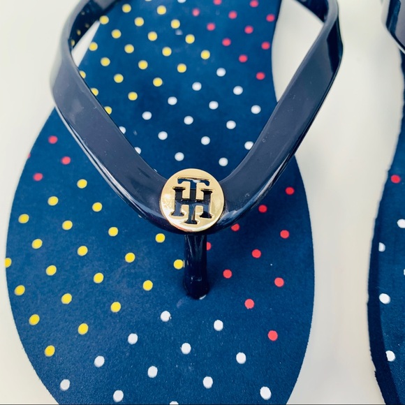 Tommy Hilfiger Flip Flop Navy/Color dots/Gold Sz 7 - Picture 6 of 12